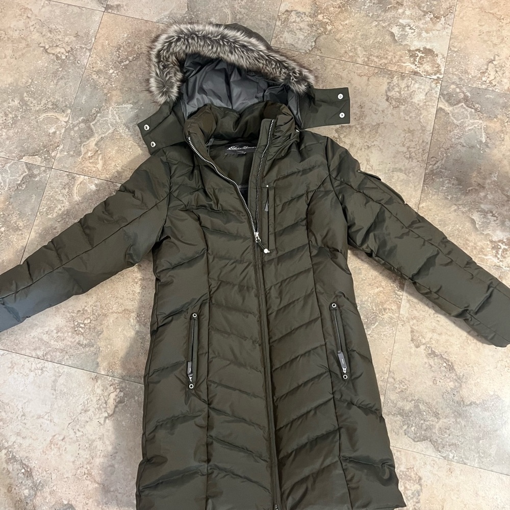 Eddie Bauer Dark Green Puffer Jacket with Faux Fur Trim